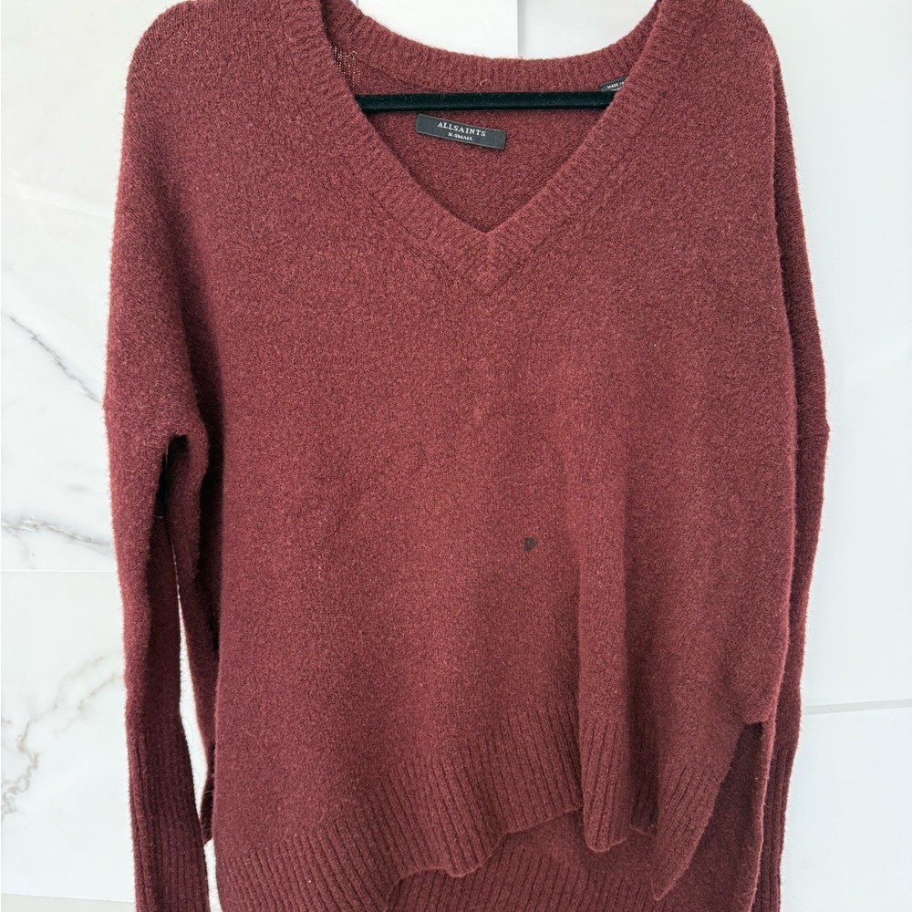 All Saints Burgundy Split Hem Wool Sweater
